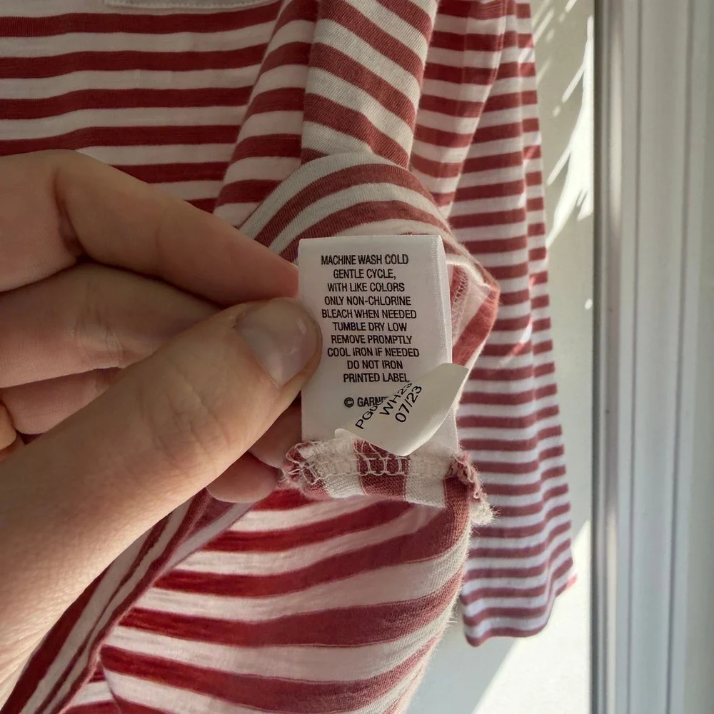 Garnet Hill Organic Pima Cotton Striped Mock Neck Pocket Tee Rust White XS